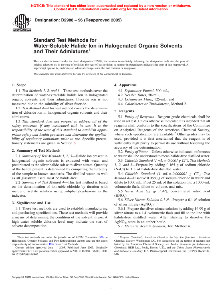 ASTM D2988-96(2005) - Standard Test Methods for Water-Soluble Halide Ion in Halogenated Organic Solvents and Their Admixtures