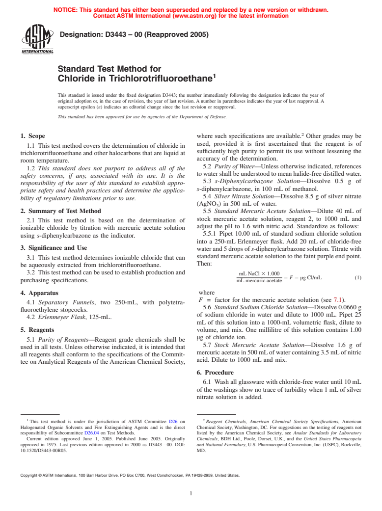 ASTM D3443-00(2005) - Standard Test Method for Chloride in Trichlorotrifluoroethane