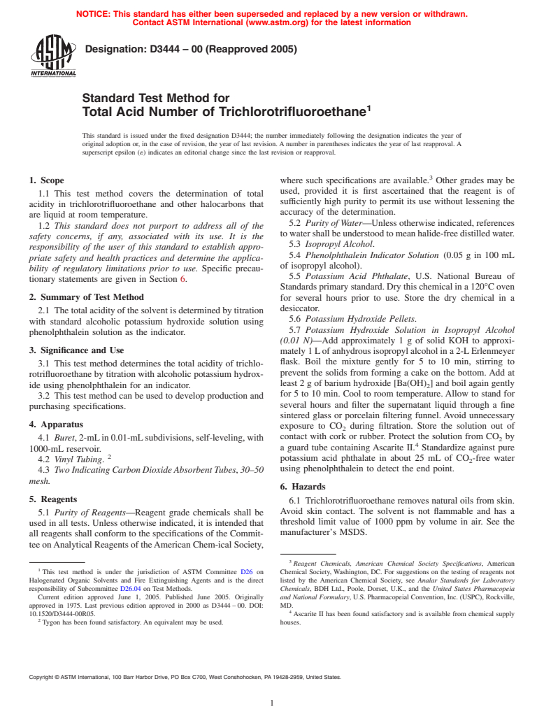 ASTM D3444-00(2005) - Standard Test Method for Total Acid Number of Trichlorotrifluoroethane