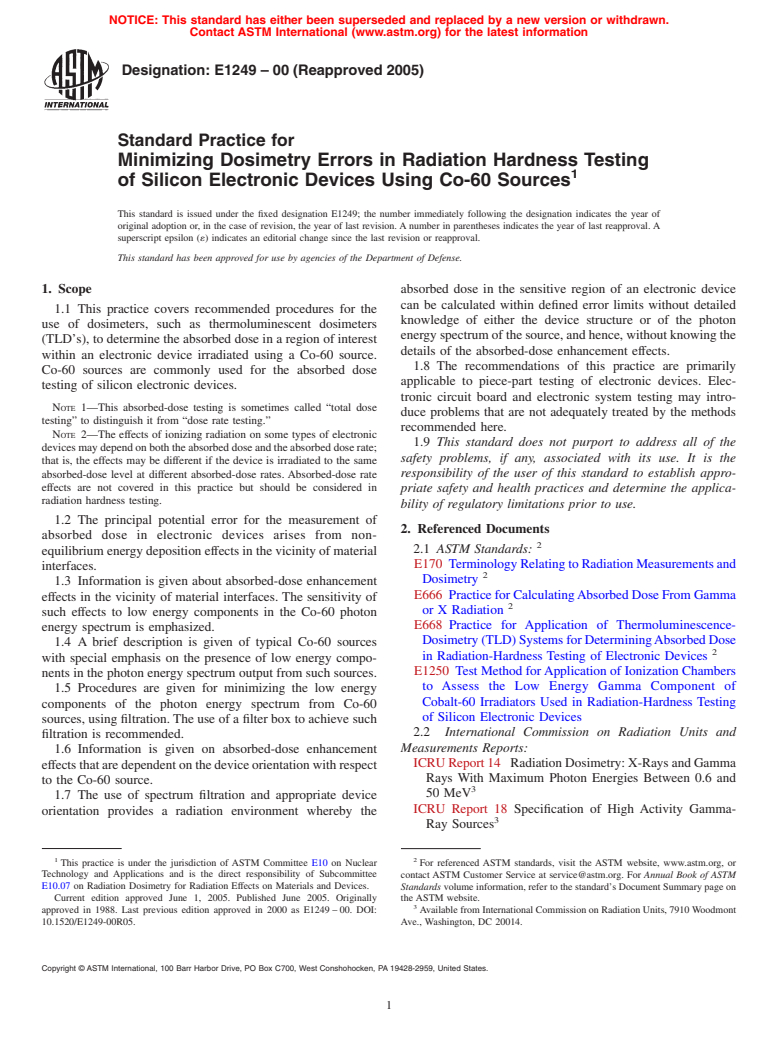 ASTM E1249-00(2005) - Standard Practice for Minimizing Dosimetry Errors in Radiation Hardness Testing of Silicon Electronic Devices Using Co-60 Sources