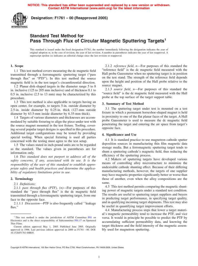 ASTM F1761-00(2005) - Standard Test Method for Pass Through Flux of Circular Magnetic Sputtering Targets