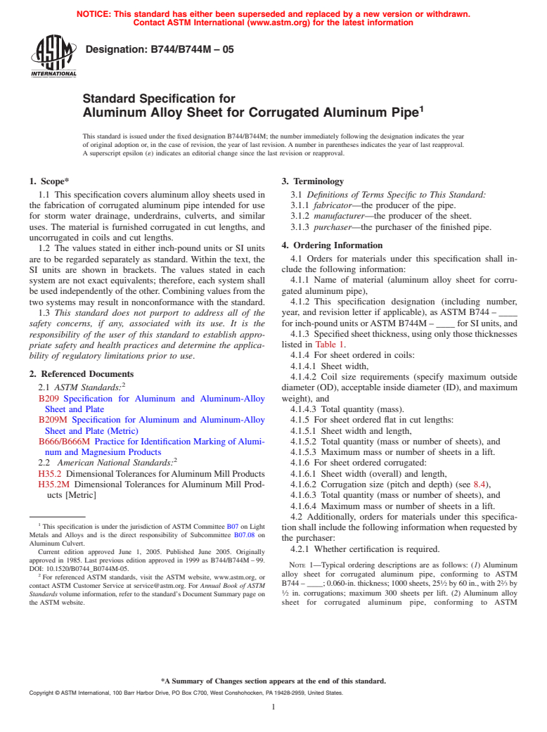 ASTM B744/B744M-05 - Standard Specification for Aluminum Alloy Sheet for Corrugated Aluminum Pipe