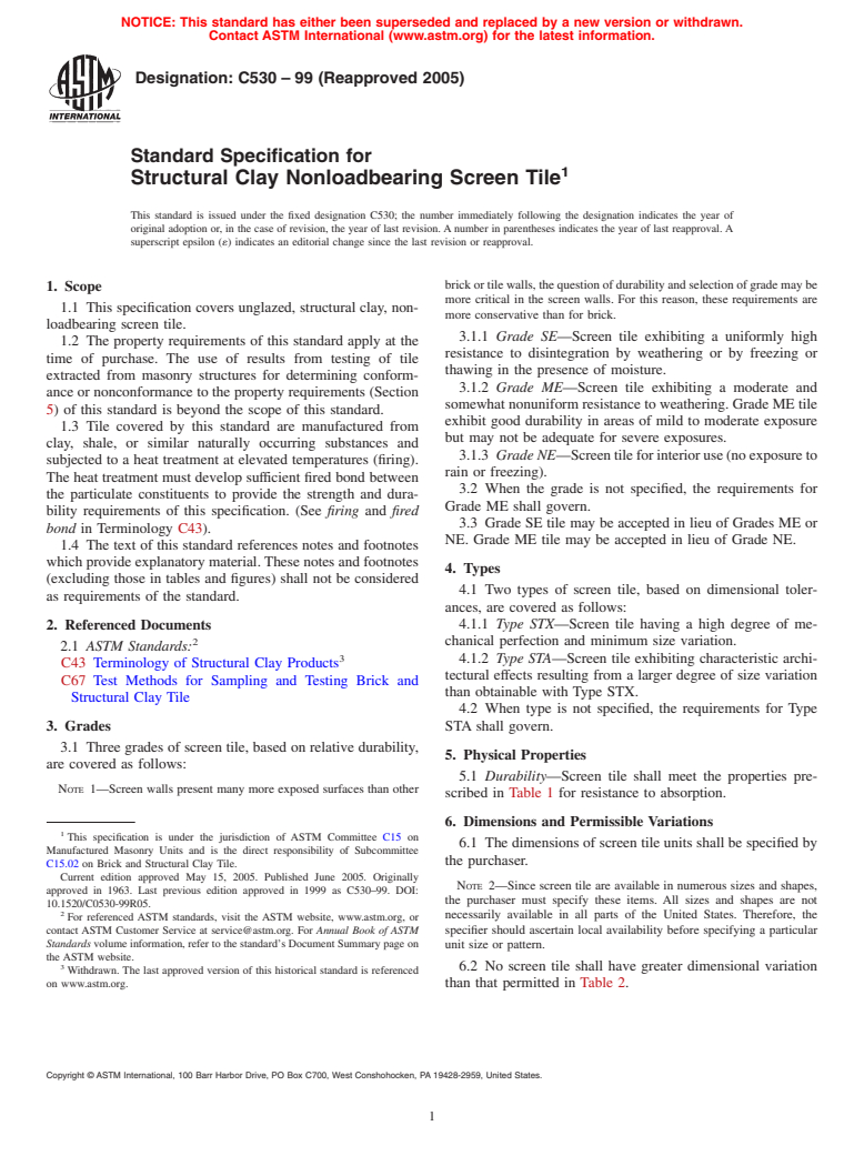 ASTM C530-99(2005) - Standard Specification for Structural Clay Nonloadbearing Screen Tile