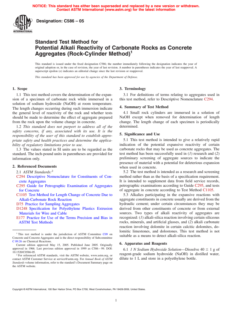 ASTM C586-05 - Standard Test Method for Potential Alkali Reactivity of Carbonate Rocks as Concrete Aggregates (Rock-Cylinder Method)