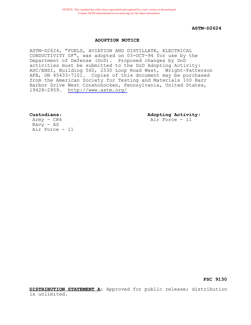 ASTM D2624-01 - Standard Test Methods for Electrical Conductivity of Aviation and Distillate Fuels