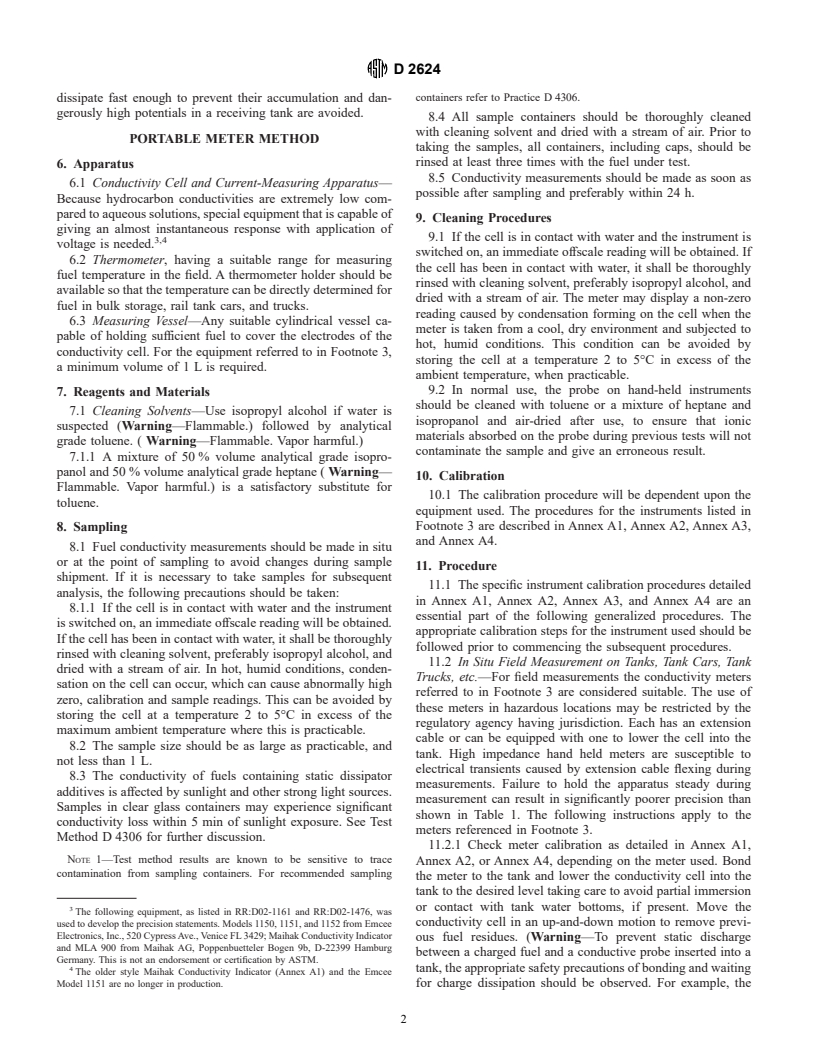 ASTM D2624-01 - Standard Test Methods for Electrical Conductivity of Aviation and Distillate Fuels