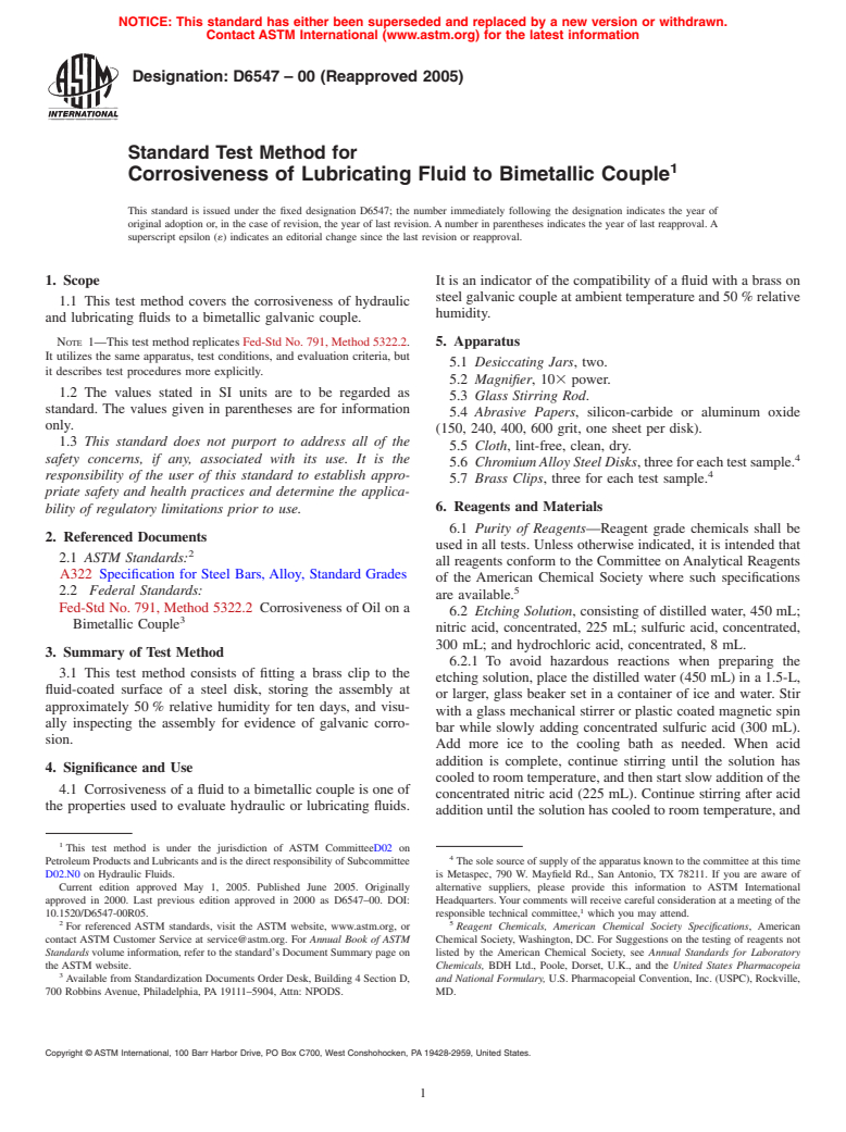 ASTM D6547-00(2005) - Standard Test Method for Corrosiveness of Lubricating Fluid to Bimetallic Couple