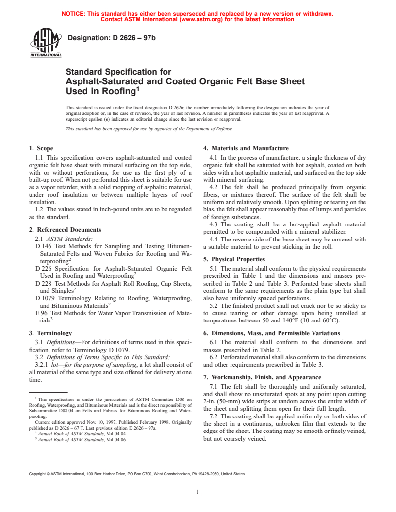 ASTM D2626-97b - Standard Specification for Asphalt-Saturated and Coated Organic Felt Base Sheet Used in Roofing