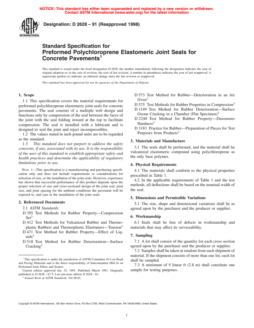 ASTM D2628-91(1998) - Standard Specification for Preformed Polychloroprene Elastomeric Joint Seals for Concrete Pavements