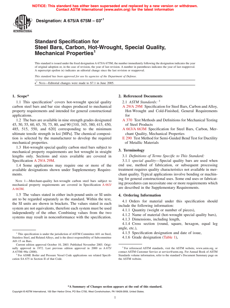 ASTM A675/A675M-03e1 - Standard Specification for Steel Bars, Carbon, Hot-Wrought, Special Quality, Mechanical Properties