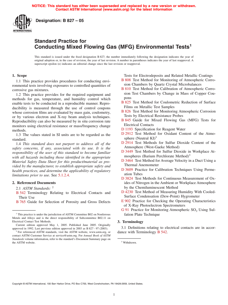 ASTM B827-05 - Standard Practice for Conducting Mixed Flowing Gas (MFG) Environmental Tests