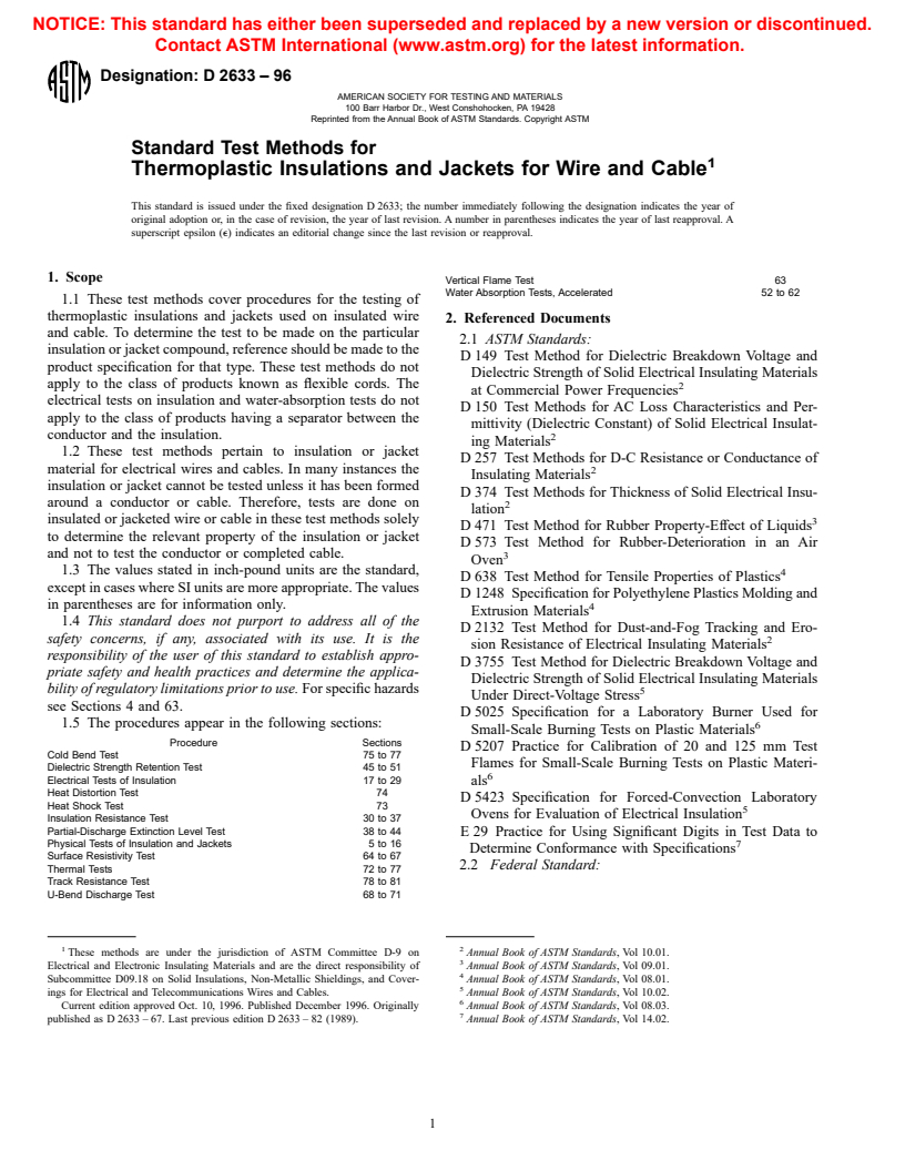 ASTM D2633-96 - Standard Methods of Testing Thermoplastic Insulations and Jackets for Wire and Cable