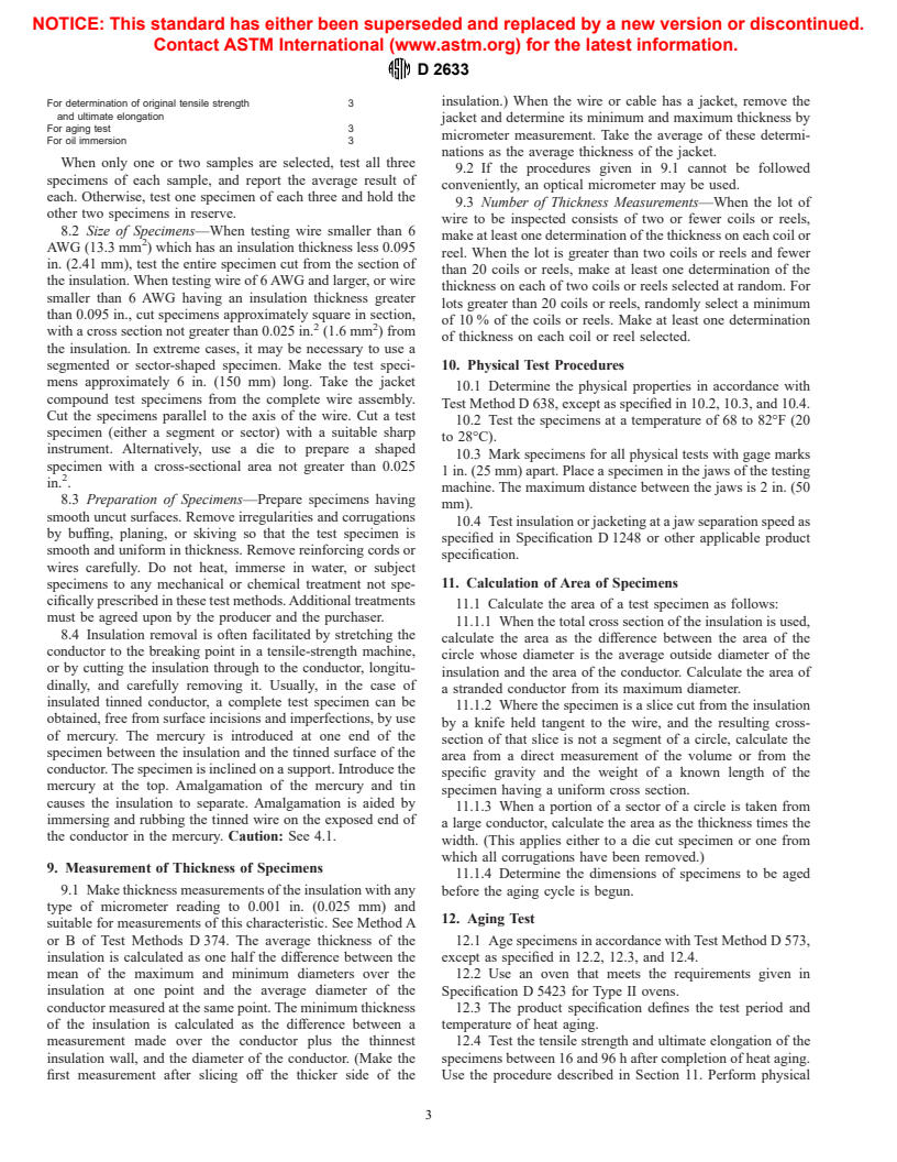 ASTM D2633-96 - Standard Methods of Testing Thermoplastic Insulations and Jackets for Wire and Cable