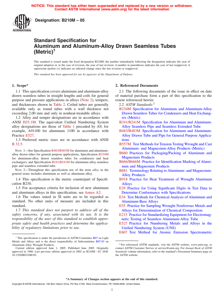 ASTM B210M-05 - Standard Specification for Aluminum and Aluminum-Alloy Drawn Seamless Tubes [Metric]