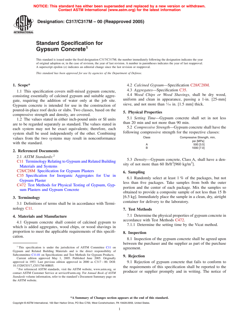 ASTM C317/C317M-00(2005) - Standard Specification for Gypsum Concrete