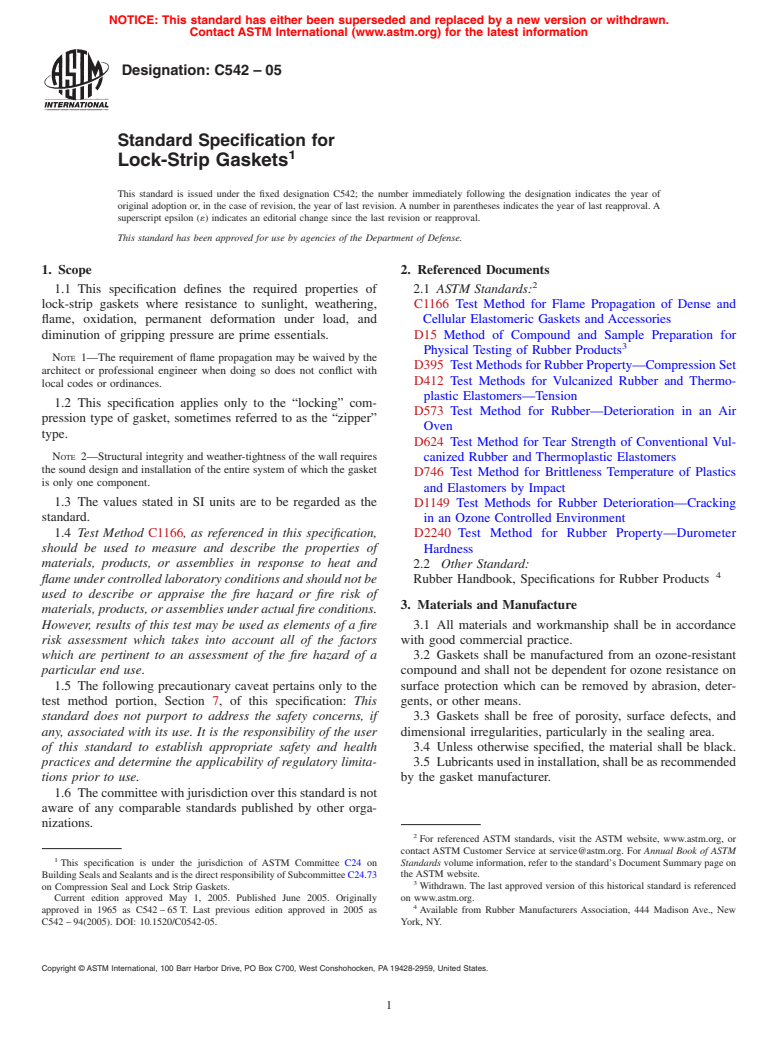ASTM C542-05 - Standard Specification for Lock-Strip Gaskets