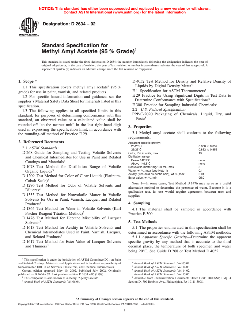 ASTM D2634-02 - Standard Specification for Methyl Amyl Acetate (95% Grade)