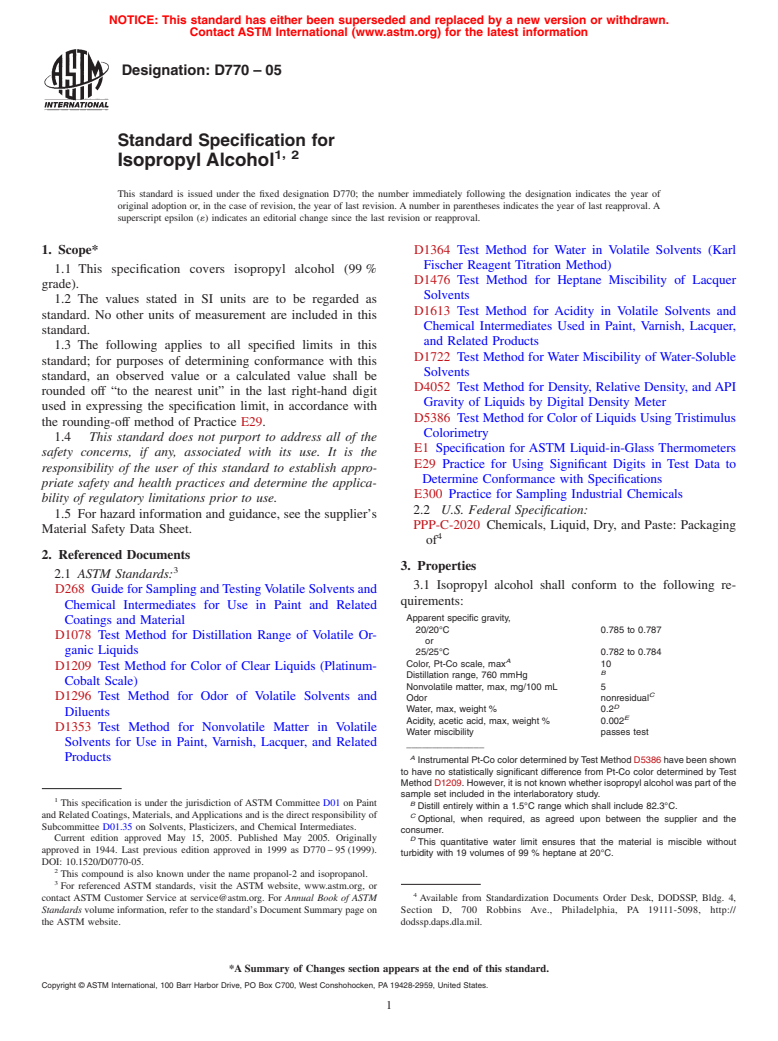 ASTM D770-05 - Standard Specification for Isopropyl Alcohol