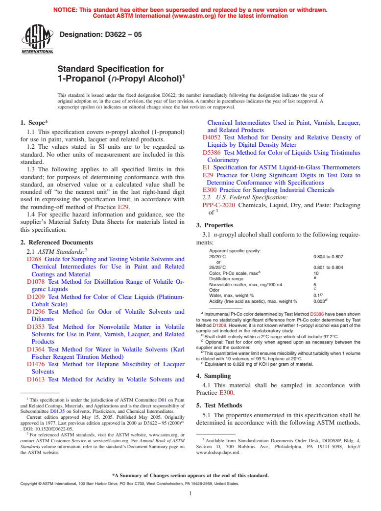 ASTM D3622-05 - Standard Specification for 1-Propanol (<i>n</i>-Propyl Alcohol)