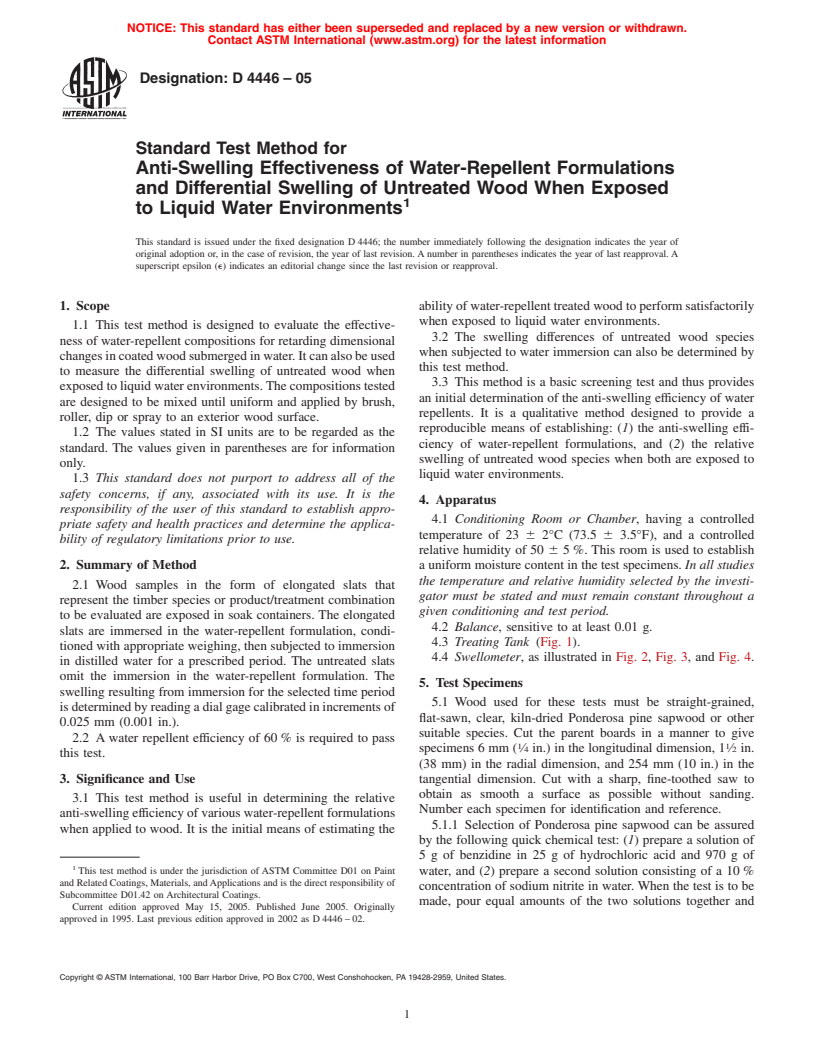 ASTM D4446-05 - Standard Test Method for Anti-Swelling Effectiveness of Water-Repellent Formulations and Differential Swelling of Untreated Wood When Exposed to Liquid Water Environments