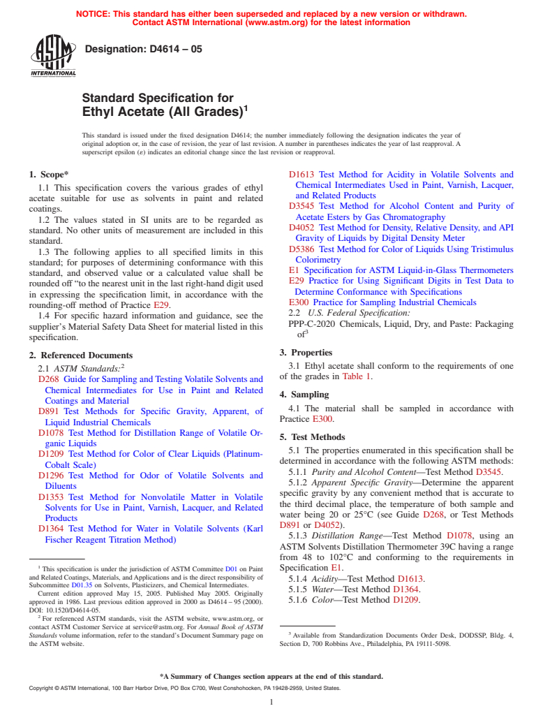 ASTM D4614-05 - Standard Specification for Ethyl Acetate (All Grades)