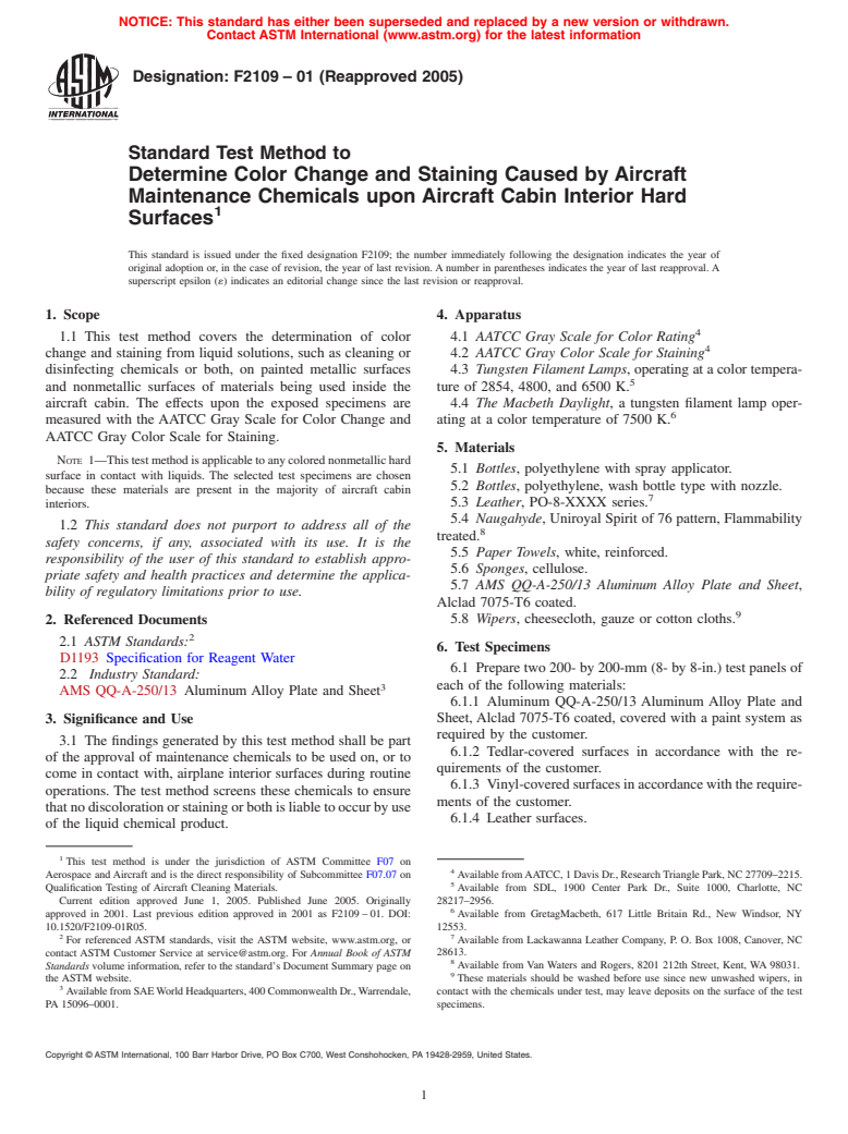 ASTM F2109-01(2005) - Standard Test Method to Determine Color Change and Staining Caused by Aircraft Maintenance Chemicals upon Aircraft Cabin Interior Hard Surfaces