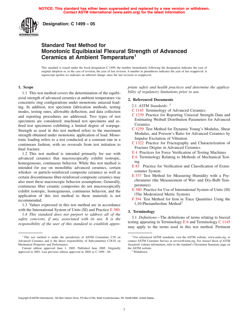 ASTM C1499-05 - Standard Test Method for Monotonic Equibiaxial Flexural Strength of Advanced Ceramics at Ambient Temperature