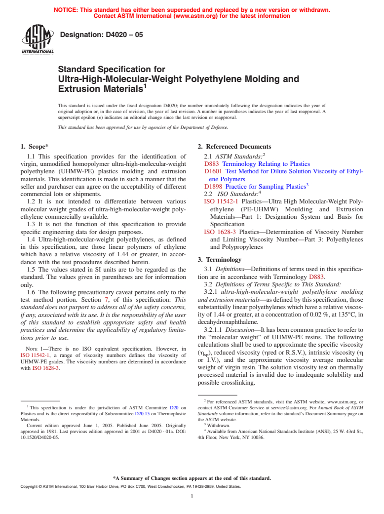 ASTM D4020-05 - Standard Specification for Ultra-High-Molecular-Weight Polyethylene Molding and Extrusion Materials