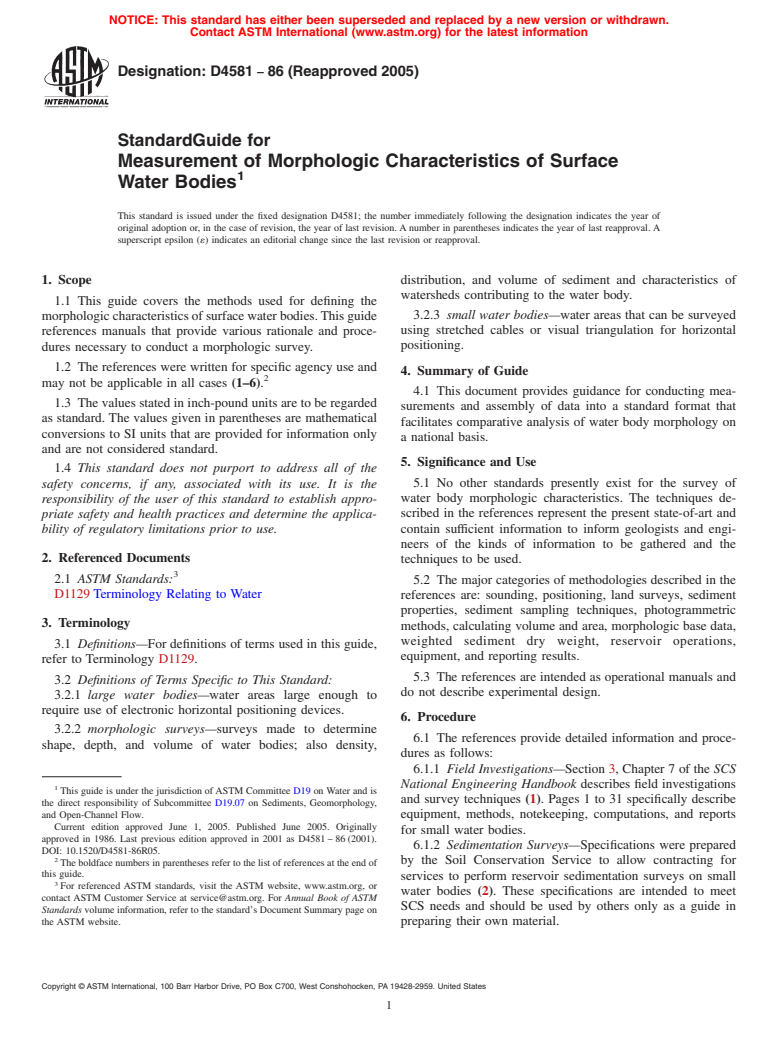 ASTM D4581-86(2005) - Standard Guide for Measurement of Morphologic Characteristics of Surface Water Bodies (Withdrawn 2013)