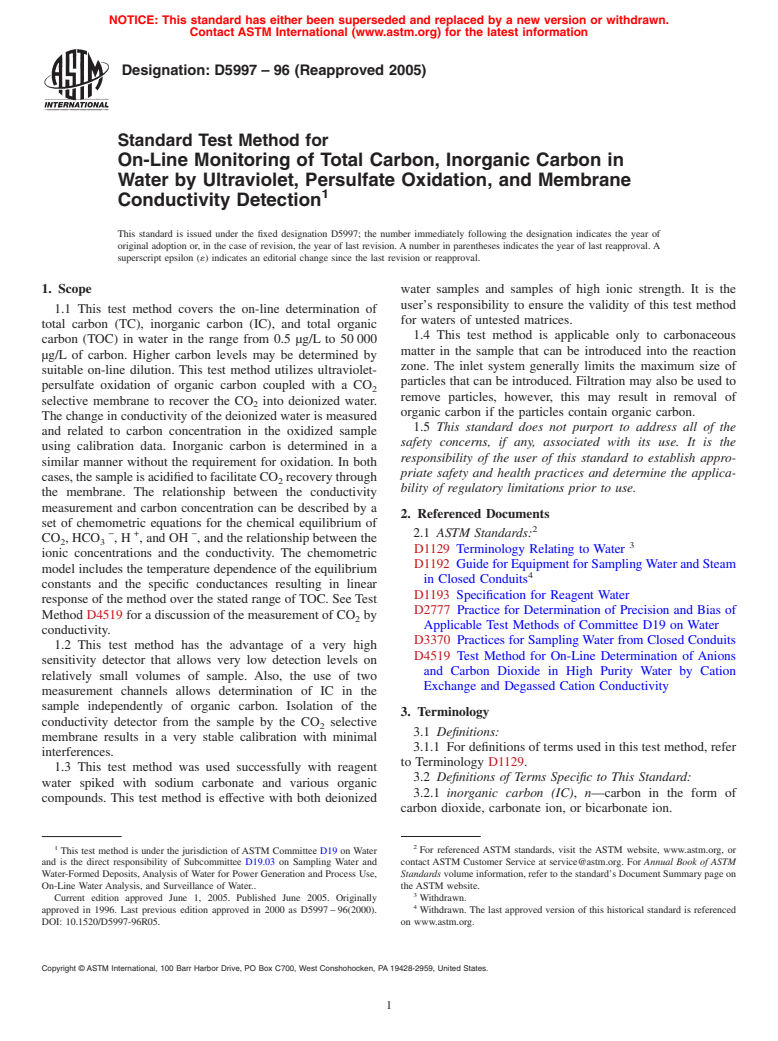 ASTM D5997-96(2005) - Standard Test Method for On-Line Monitoring of Total Carbon, Inorganic Carbon in Water by Ultraviolet, Persulfate Oxidation, and Membrane Conductivity Detection