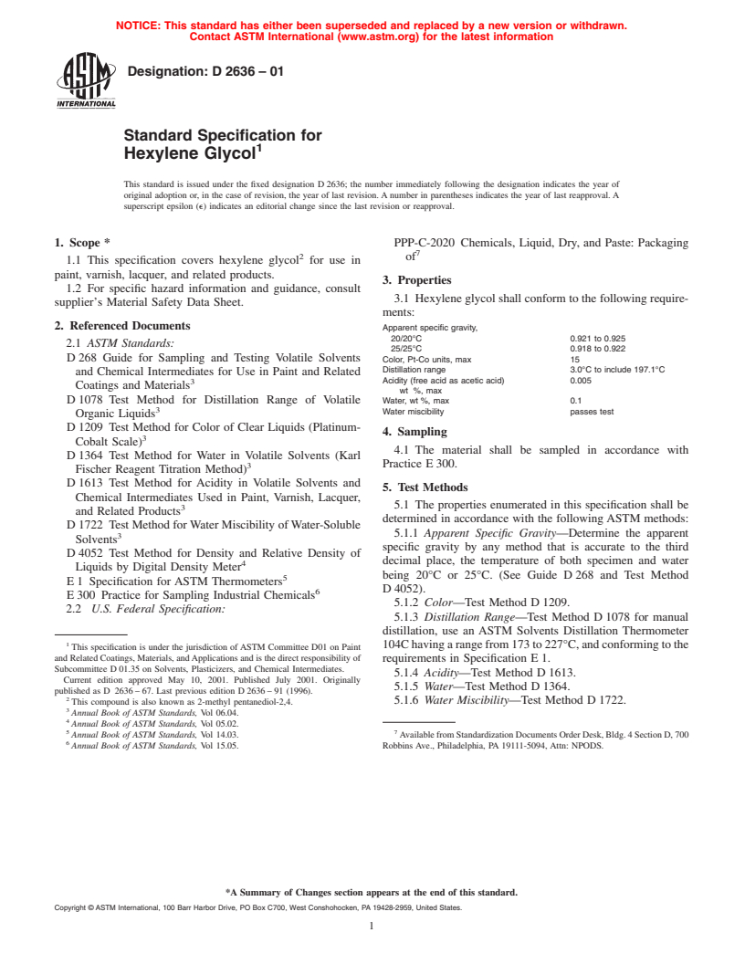 ASTM D2636-01 - Standard Specification for Hexylene Glycol