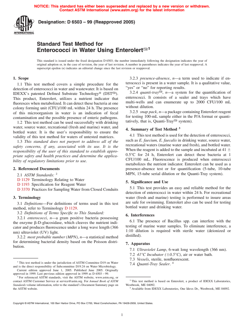 ASTM D6503-99(2005) - Standard Test Method for Enterococci in Water Using Enterolert