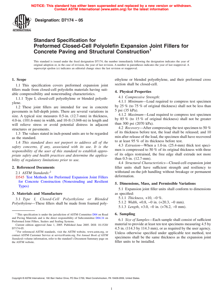 ASTM D7174-05 - Standard Specification for Preformed Closed-Cell Polyolefin Expansion Joint Fillers for Concrete Paving and Structural Construction