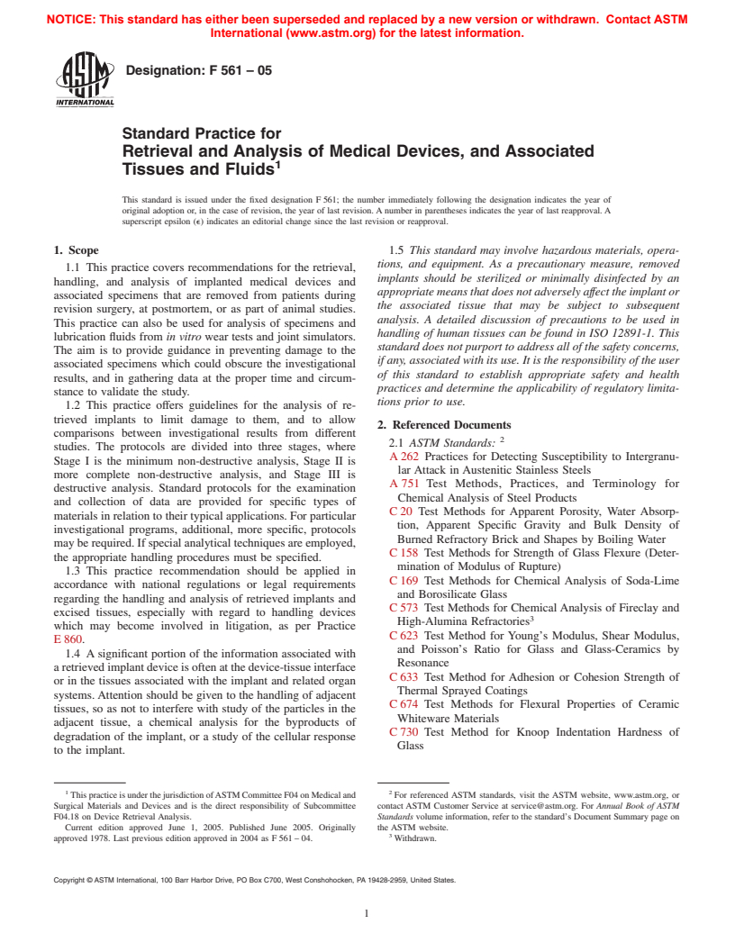 ASTM F561-05 - Standard Practice for Retrieval and Analysis of Medical Devices, and Associated Tissues and Fluids