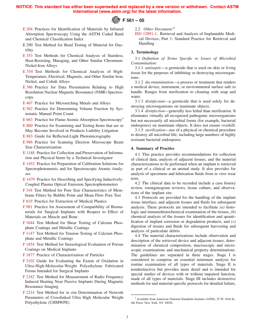 ASTM F561-05 - Standard Practice for Retrieval and Analysis of Medical Devices, and Associated Tissues and Fluids