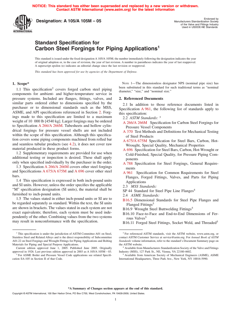 ASTM A105/A105M-05 - Standard Specification for Carbon Steel Forgings for Piping Applications