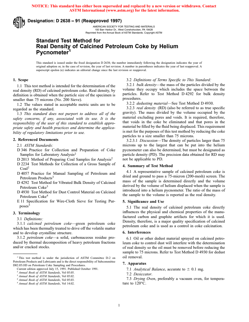 ASTM D2638-91(1997) - Standard Test Method for Real Density of Calcined Petroleum Coke by Helium Pycnometer