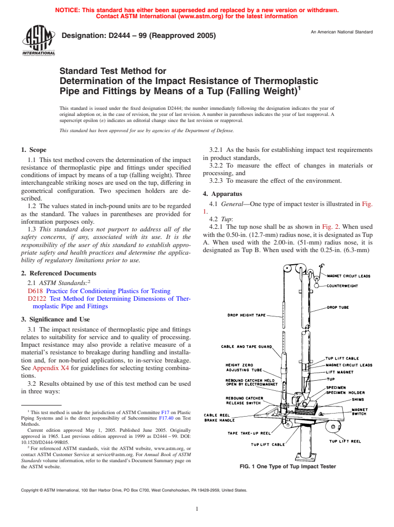 ASTM D2444-99(2005) - Standard Test Method for Determination of the Impact Resistance of Thermoplastic Pipe and Fittings by Means of a Tup (Falling Weight)