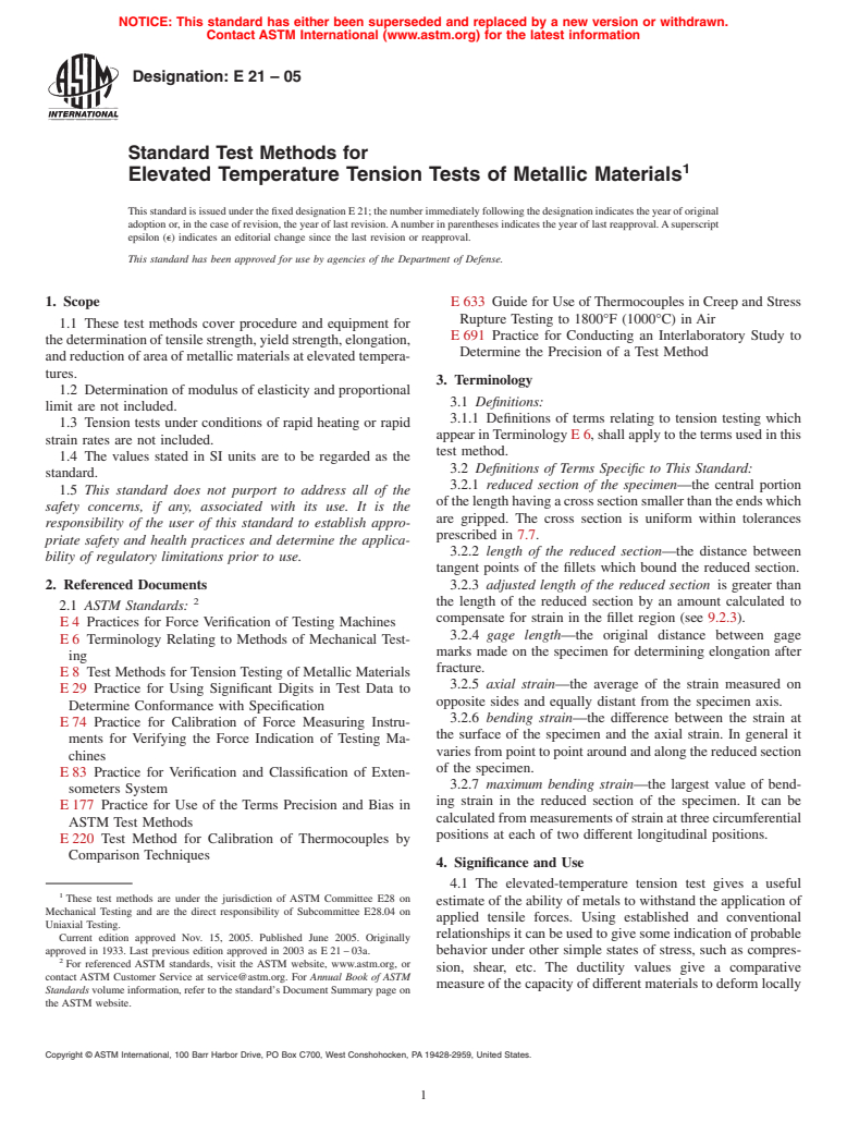 ASTM E21-05 - Standard Test Methods for Elevated Temperature Tension Tests of Metallic Materials