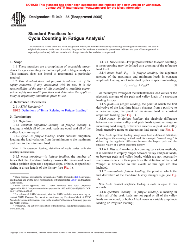 ASTM E1049-85(2005) - Standard Practices for Cycle Counting in Fatigue Analysis