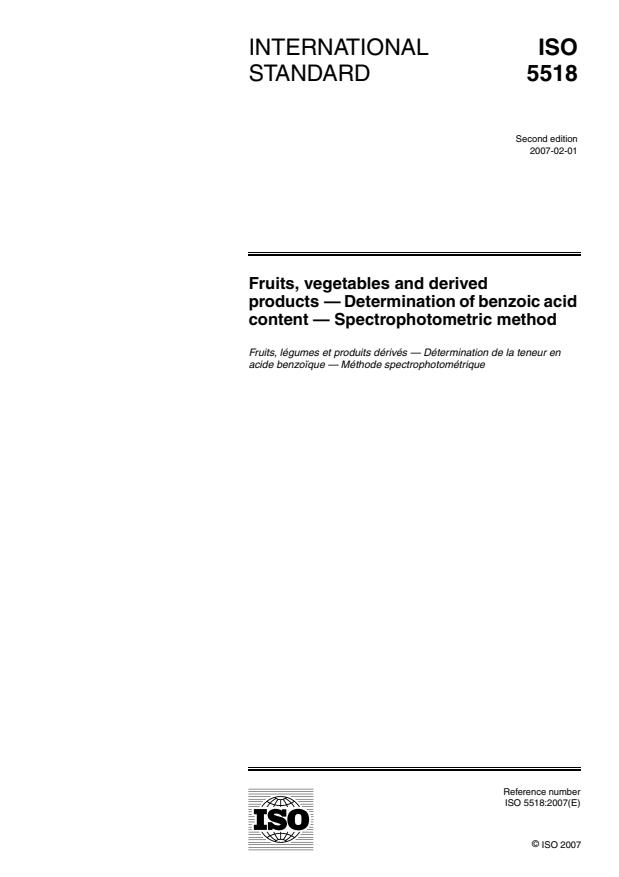 ISO 5518:2007 - Fruits, vegetables and derived products -- Determination of benzoic acid content -- Spectrophotometric method