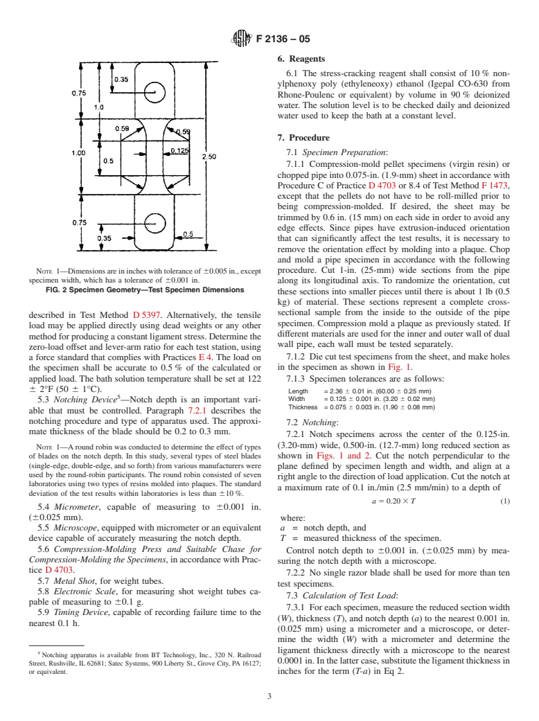 ASTM F2136-05 - Standard Test Method for Notched, Constant Ligament-Stress (NCLS) Test to Determine Slow-Crack-Growth Resistance of HDPE Resins or HDPE Corrugated Pipe