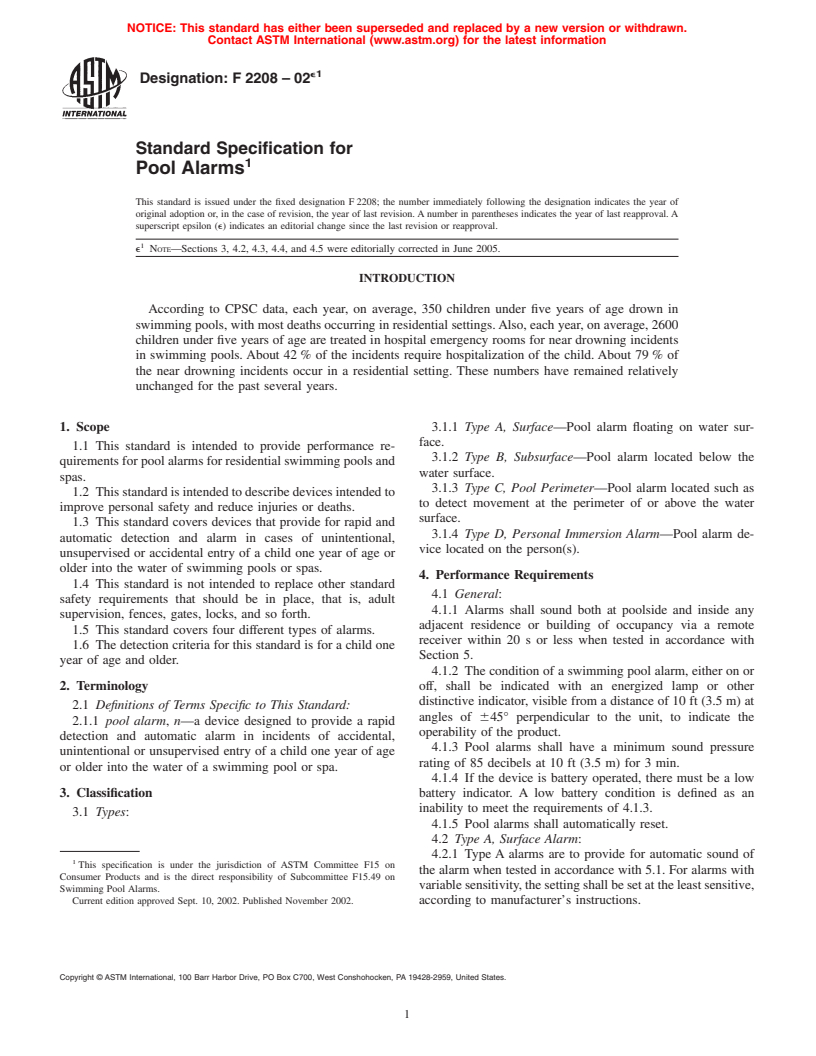 ASTM F2208-02e1 - Standard Specification for Pool Alarms