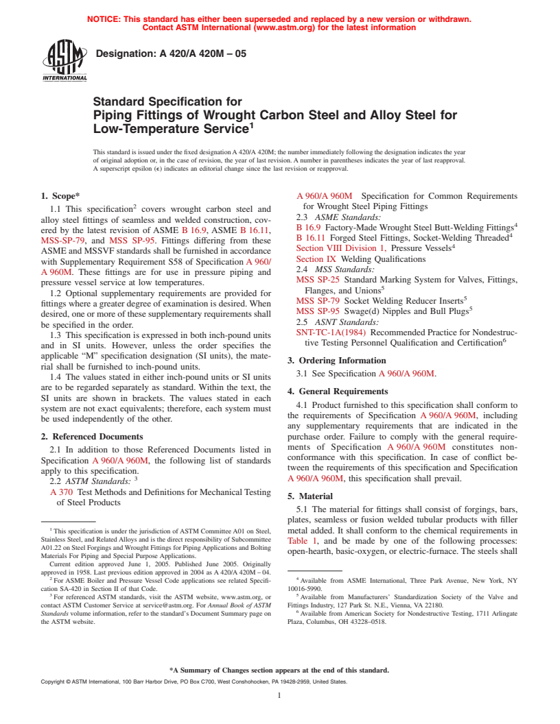 ASTM A420/A420M-05 - Standard Specification for Piping Fittings of Wrought Carbon Steel and Alloy Steel for Low-Temperature Service
