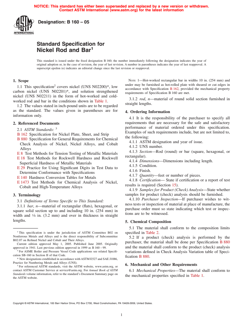 ASTM B160-05 - Standard Specification for Nickel Rod and Bar