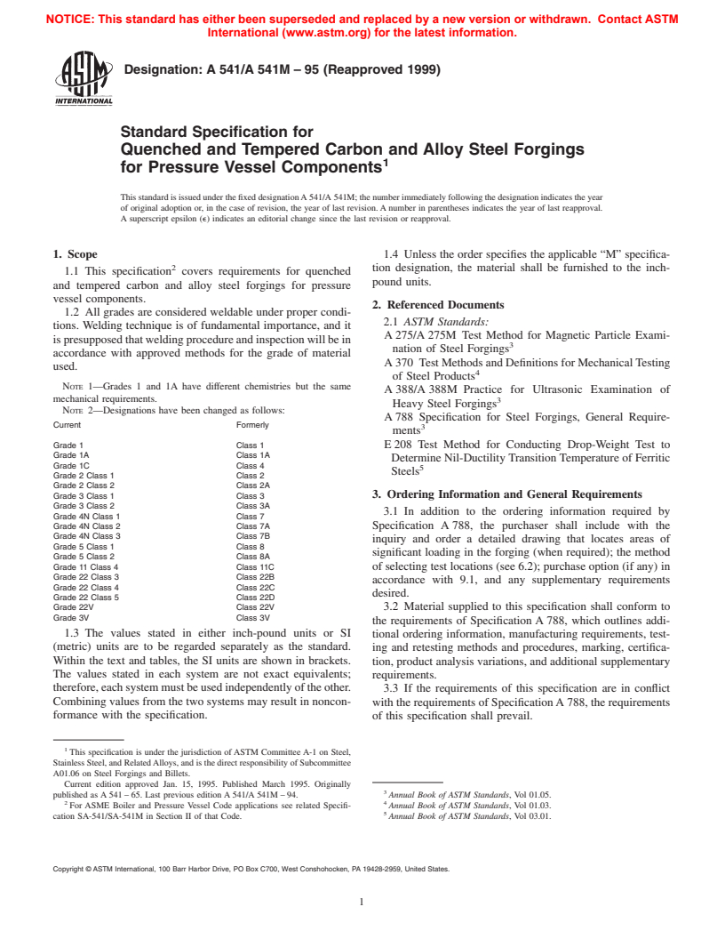 ASTM A541/A541M-95(1999) - Standard Specification for Quenched and Tempered Carbon and Alloy Steel Forgings for Pressure Vessel Components