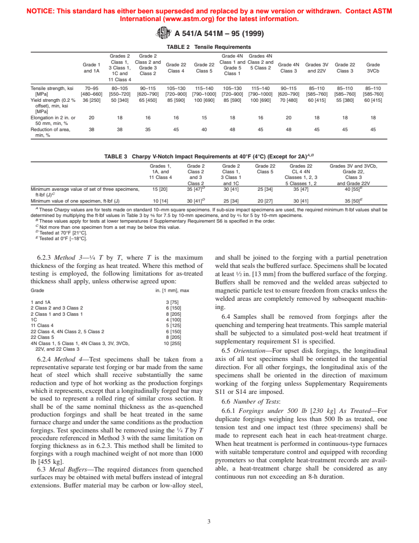 ASTM A541/A541M-95(1999) - Standard Specification for Quenched and Tempered Carbon and Alloy Steel Forgings for Pressure Vessel Components