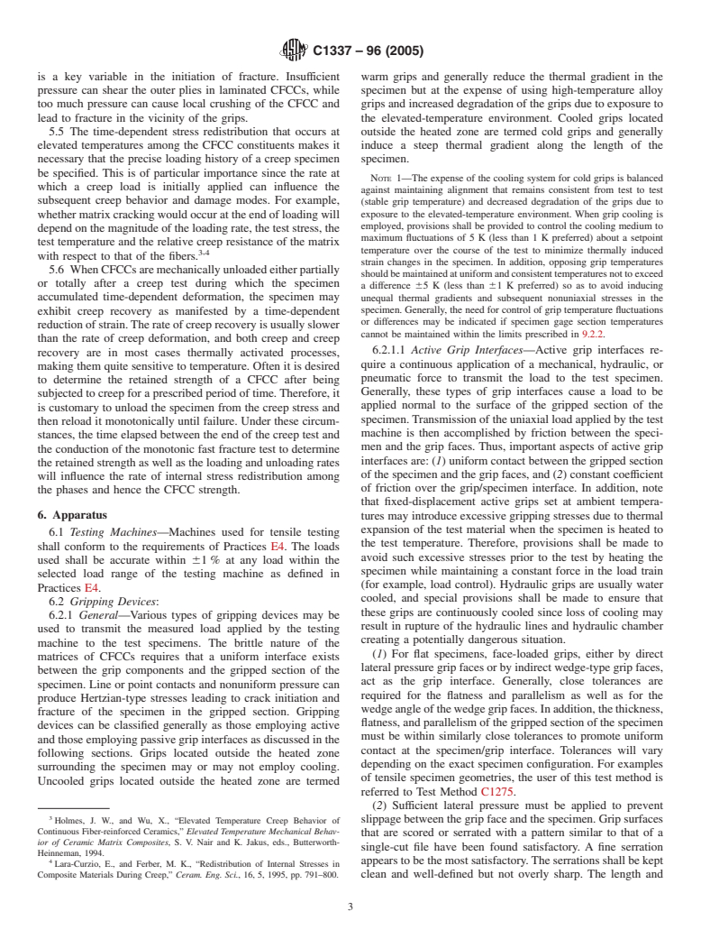 ASTM C1337-96(2005) - Standard Test Method for Creep and Creep Rupture of Continuous Fiber-Reinforced Ceramic Composites under Tensile Loading at Elevated Temperatures