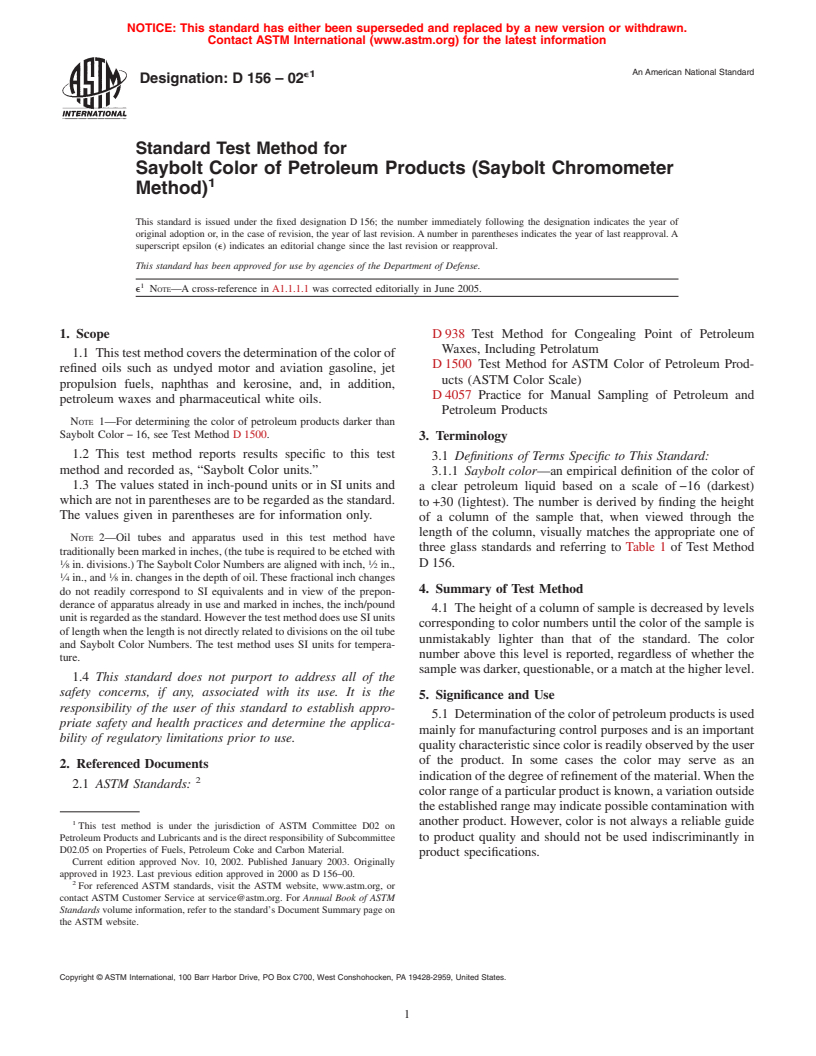 ASTM D156-02e1 - Standard Test Method for Saybolt Color of Petroleum Products (Saybolt Chromometer Method)