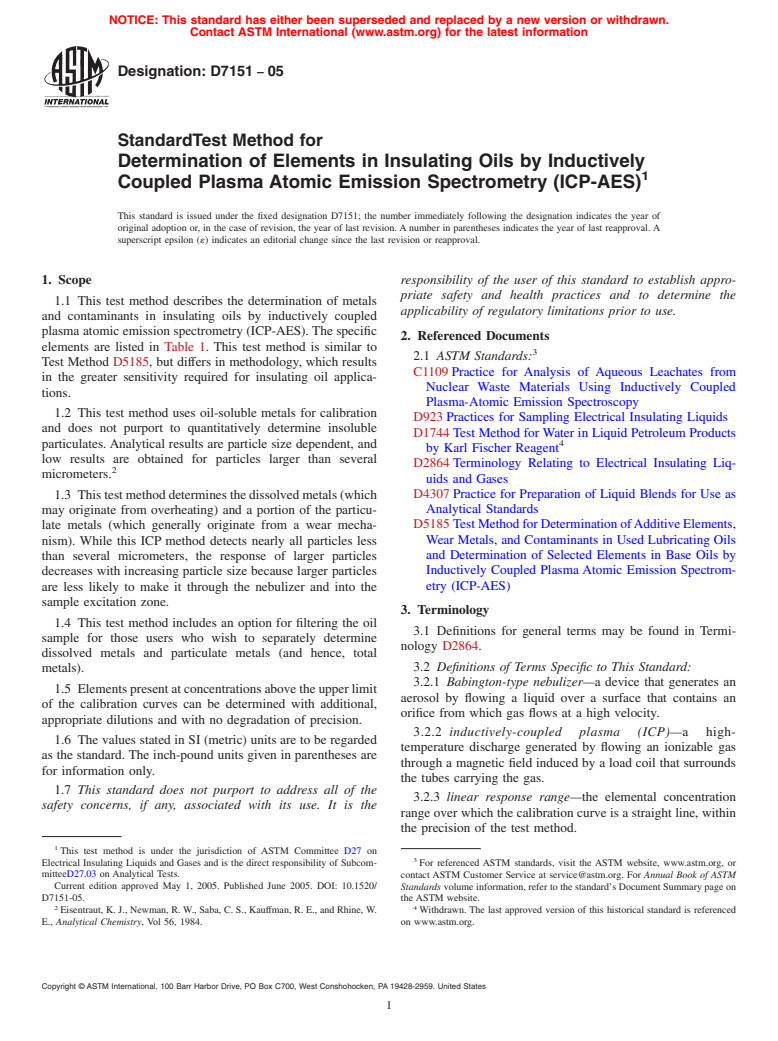 ASTM D7151-05 - Standard Test Method for Determination of Elements in Insulating Oils by Inductively Coupled Plasma Atomic Emission Spectrometry (ICP-AES)